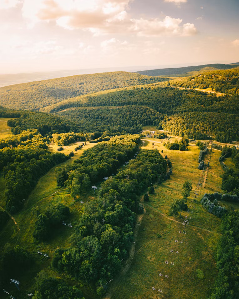 Aerial view of rolling green hills